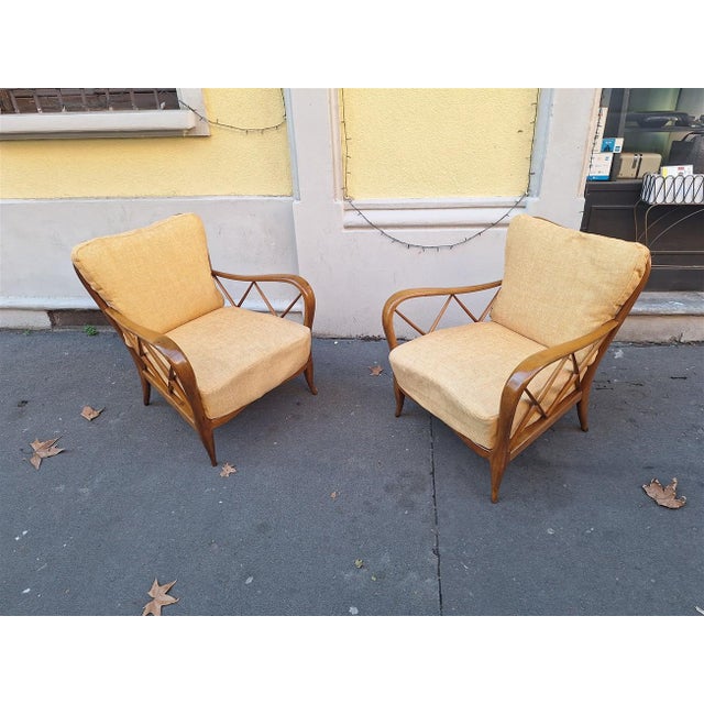 Brown Armchairs in Wood and Yellow Fabric from Paolo Buffa, 1940s, Set of 2 For Sale - Image 8 of 13