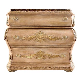1990s French Provincial Bombe Marble Top Dresser – Louis XV Style Chest – Carved & Gilt – 3 Drawer For Sale