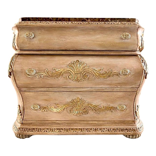1990s French Provincial Bombe Marble Top Dresser – Louis XV Style Chest – Carved & Gilt – 3 Drawer For Sale