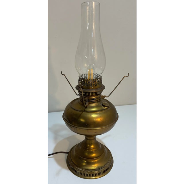 Emerald Antique Brass Oil Lamp Rayo Electrified Emerald Green Glass Shade For Sale - Image 8 of 11