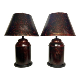 Vintage Chinouserie Hand Painted Tole Tea Caddy Table Lamps - a Pair For Sale