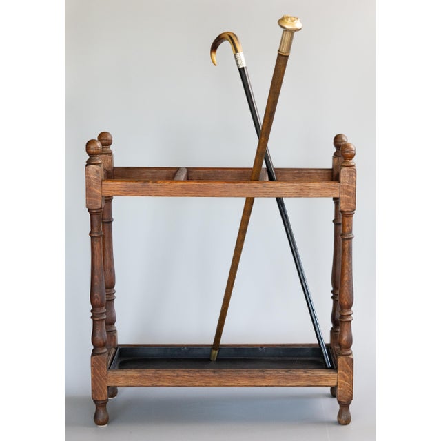 Wood Antique English Tiger Oak Umbrella Stick Stand For Sale - Image 7 of 10