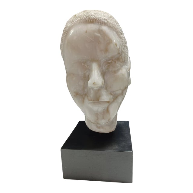 Vintage Marble Carved Hardwood of Man on Stand For Sale