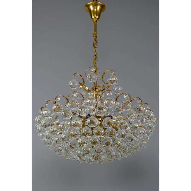 Mid-Century Modern Seven Light Crystal Glass and Gilt Brass Chandelier, Germany, 1970s For Sale - Image 3 of 18