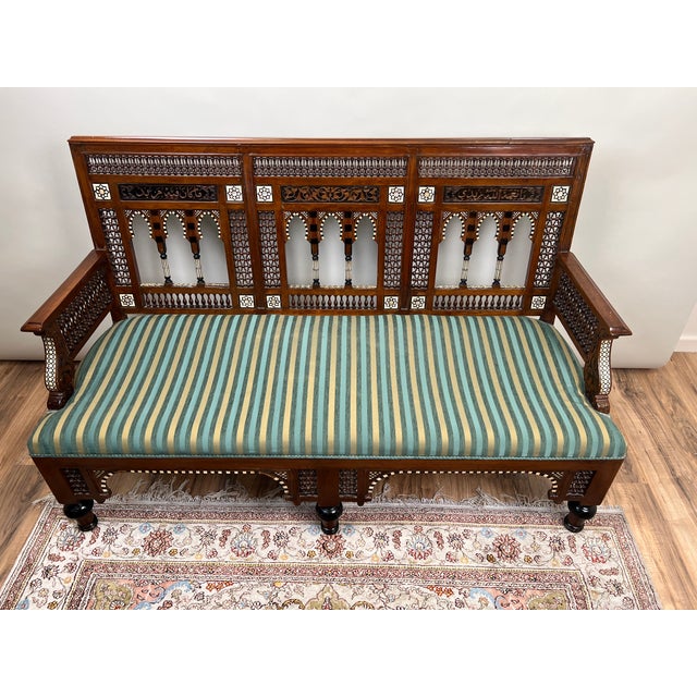 Shell Antique Early 20th Century Moorish Settee With Bone and Mother of Pearl Inlay For Sale - Image 7 of 12