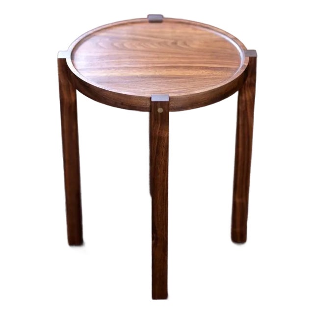 Small Contemporary Walnut Wood Side Table With Bronze Details For Sale