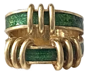 Tiffany 18k Schlumberger 1970 Green Enameled Double Tier Ring, Size 7.5