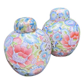 Mille Fleur Famille Rose Style Porcelain Ginger Jars – Hand-Painted Ginger Jars, Pair For Sale