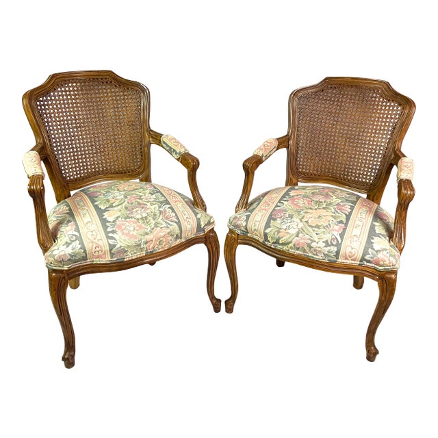 French Louis Cane Upholstered Fauteuils - Pair of 2 For Sale