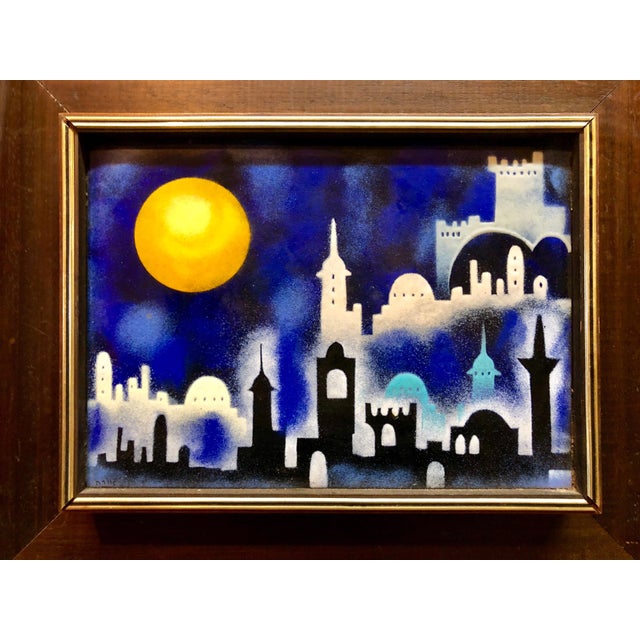 Mod 1970's Israeli Judaica Folk Art Jerusalem View Enamel on Copper Painting, 1979 For Sale