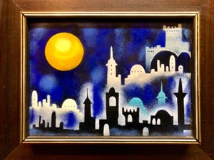Mod 1970's Israeli Judaica Folk Art Jerusalem View Enamel on Copper Painting, 1979