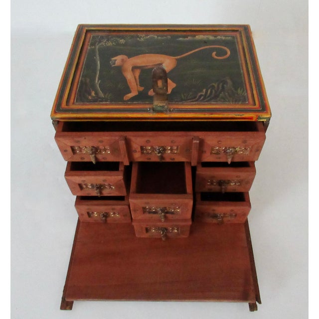 Vintage: C.1970's Anglo-Indian, Monkey motif, Hand-crafted and painted, lidded front storage box and/or apothecary box...