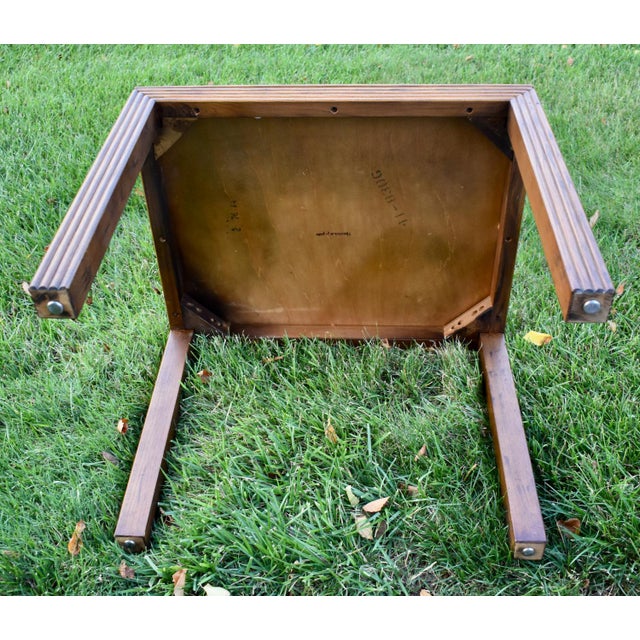 Henredon Oak Square Table Parquet Top Reeded Parsons Legs Mid Century End For Sale - Image 13 of 14