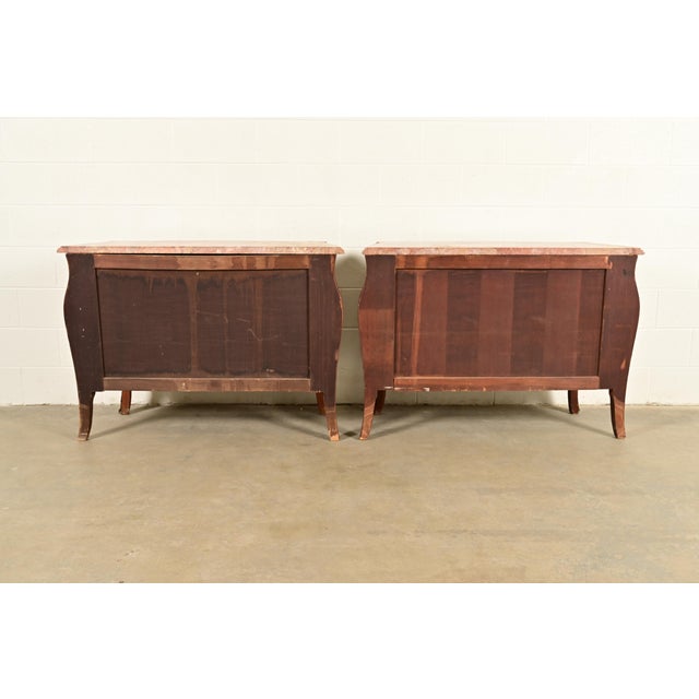 Paul Sormani Style Antique French Provincial Louis XV Kingwood Inlaid Marquetry Marble Top Commodes With Mounted Ormolu | Pair For Sale - Image 14 of 15
