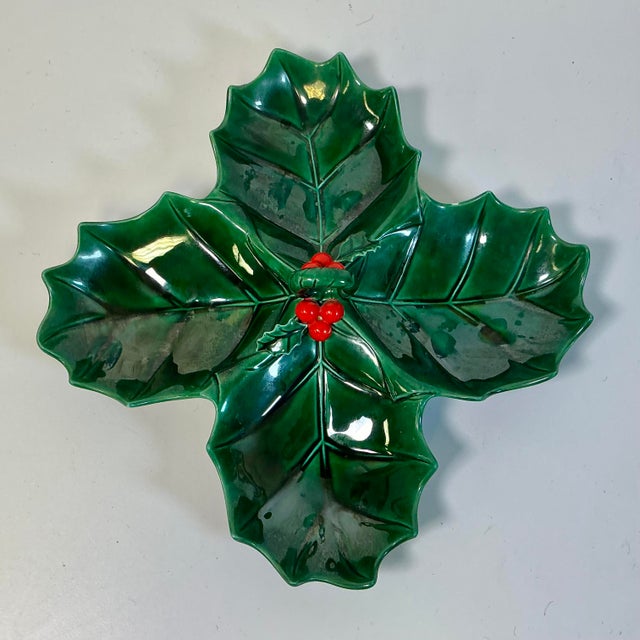 American Mid 20th Century Americana Folk Art Ceramic Divided Christmas Holly Dish For Sale - Image 3 of 10