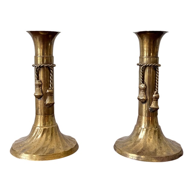 1970s Solid Brass Candle Holders Rope and Tassel Design — A Pair For Sale