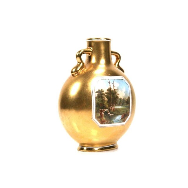 Gilt Porcelain Moon Flask Vase with Hand-Painted Landscape Reserves from Coalport, 1880 For Sale - Image 3 of 9