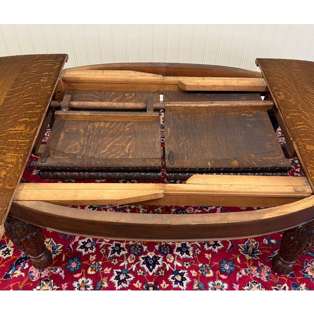 1920s Antique English Butterfly Leaf Oval Carved Dining Table 118" Tiger Oak C1920-30s For Sale - Image 5 of 17