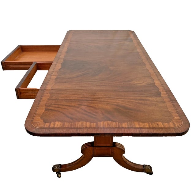 Wood Antique Desk Serving Table Two Dovetail Drawers Drop Sides Banded Mahogany Inlay For Sale - Image 7 of 14