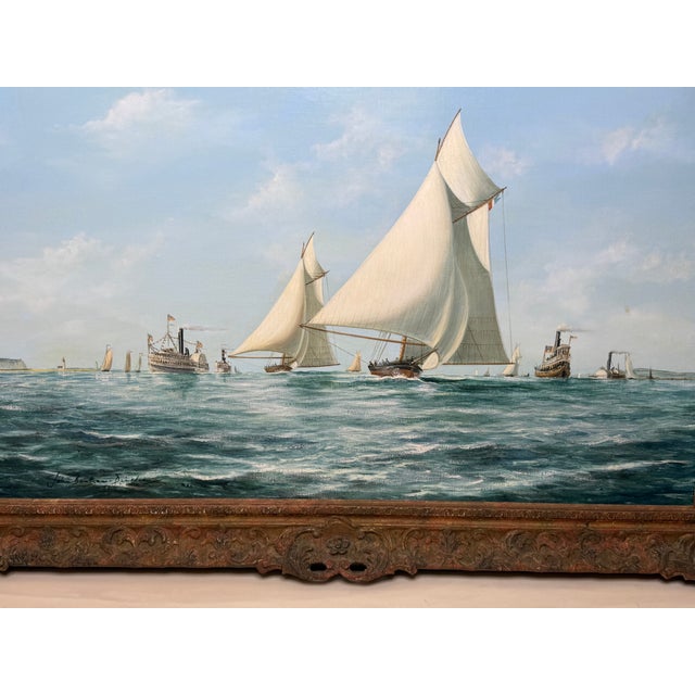 Realism Large Nautical Oil Painting America's Cup 1881: Mischief and Atalanta Signed by John Bentham-Dinsdale (1927–2008) Framed For Sale - Image 3 of 8