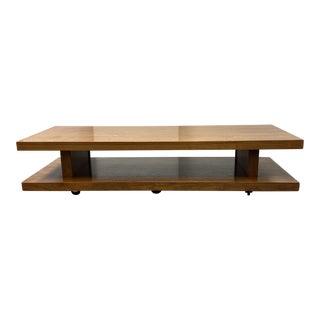 Mid 20th Centruy Plank Walnut Finish Trestle Coffee Table + Casters For Sale