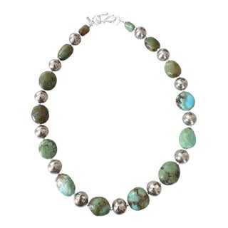 18" Tibetan Turquoise and Silver Beaded Necklace by Matthew Izzo For Sale