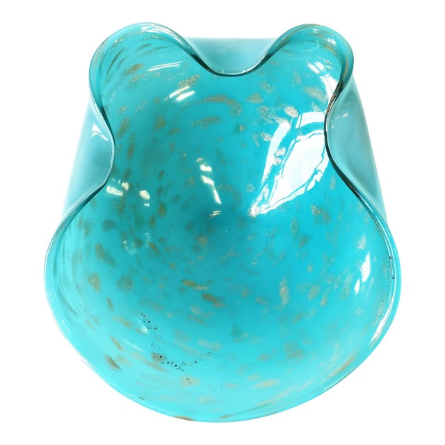Italian Murano Art Glass Bowl in Turquoise Blue For Sale