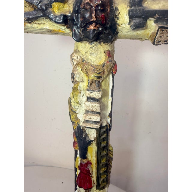 Large 1700's Antique Polychromed Carved Folk Art Wood Religious Crucifix Cross For Sale - Image 11 of 18