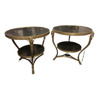 1980s Pair of French Doré Bronze Attributed to Gueridons With Rams' Heads and Belgian Marble Tops – Directoire Style For Sale