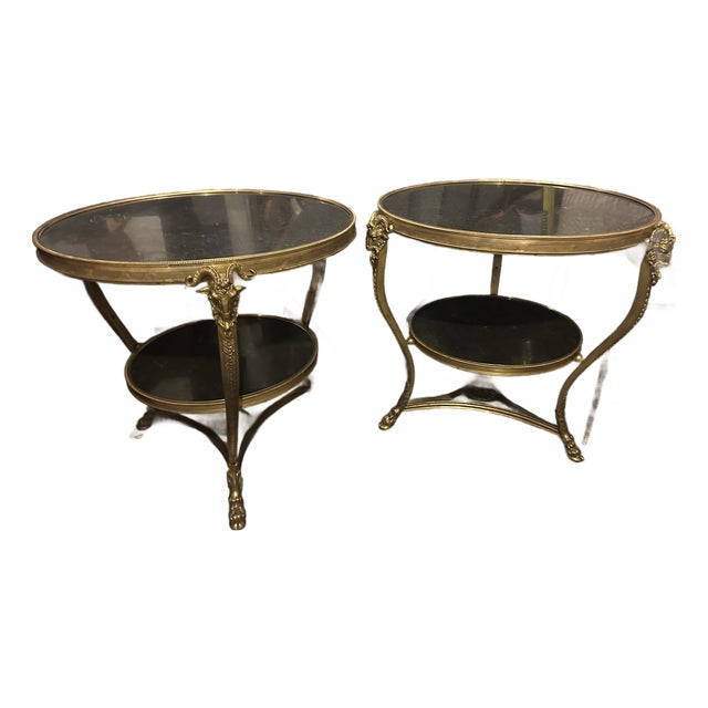 1980s Pair of French Doré Bronze Attributed to Gueridons With Rams' Heads and Belgian Marble Tops – Directoire Style For Sale