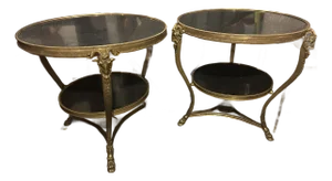 1980s Pair of French Doré Bronze Attributed to Gueridons With Rams' Heads and Belgian Marble Tops – Directoire Style