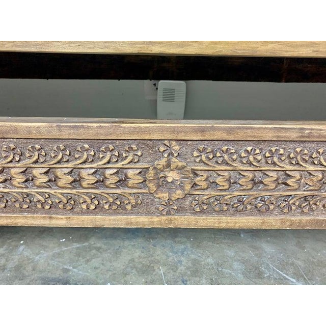 Monumental Spanish Carved Wood Bench, Linen Upholstery, 19th Century For Sale - Image 11 of 13