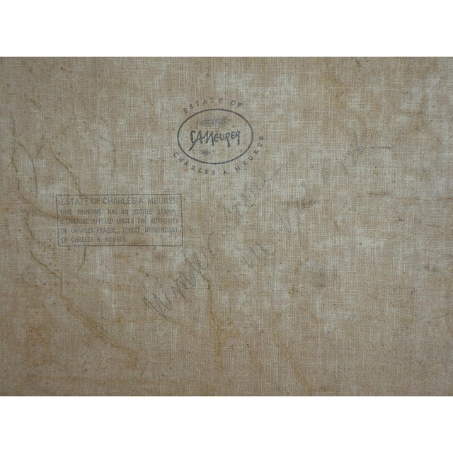 Antique early 20th century oil on canvas impressionist painting of snowy winter forest landscape by Charles Alfred Meurer...