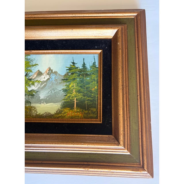 Wood Vintage Mid-Century Modern Mountain Lake Oil Painting Signed Kelly Wood Velvet Frame For Sale - Image 7 of 10