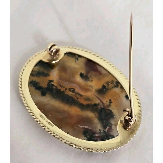 Vintage 9ct Yellow Gold Moss Agate Brooch, Sheffield, 1989 For Sale - Image 10 of 18