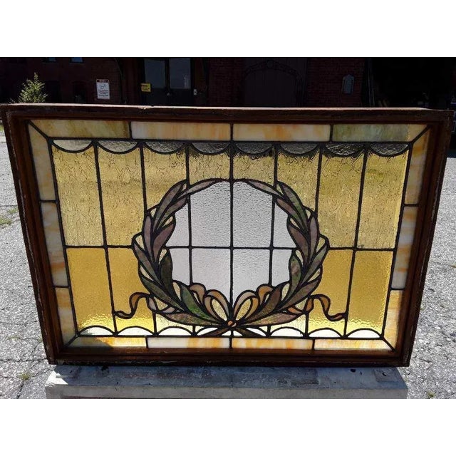 Wood Stained Glass Window Antique - Wreath and Bow Design For Sale - Image 7 of 7