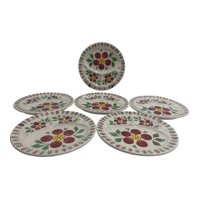 1900's Antique Stick Spatterware Spongeware Hand Painted Divided Plates, EngliSet of 6 For Sale