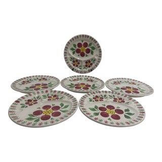 Antique Stick Spatterware Spongeware Floral Plates - Set of 6 For Sale