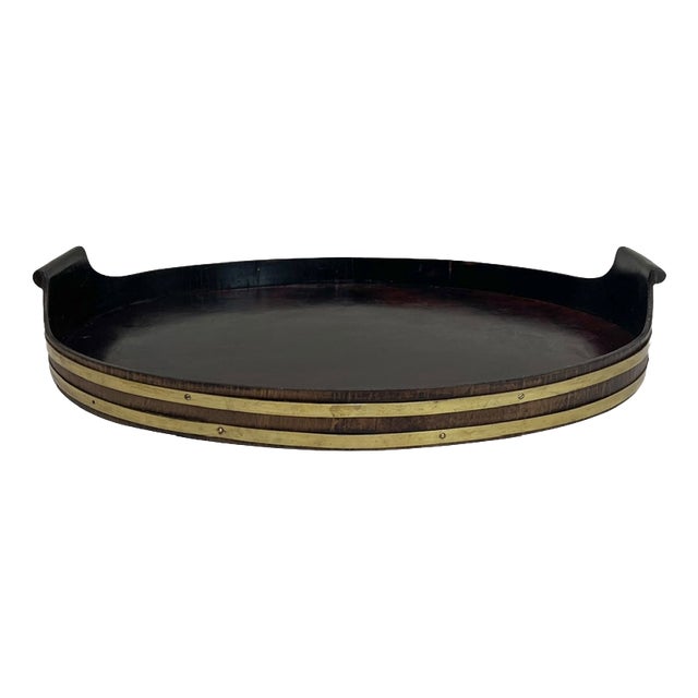 19th Century Oval Dark Walnut Tray with Brass Straps For Sale