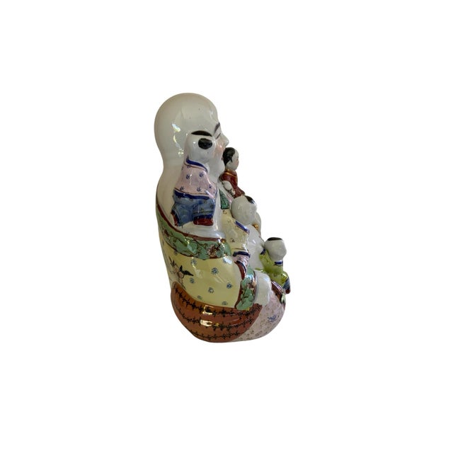Rose Large Vintage Chinese Famille Rose Porcelain 11.25" Laughing Buddha 5 Children Statue China 1960s-1980s For Sale - Image 8 of 8