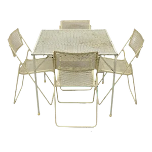 1950s Vintage Mid Century Wrought Iron Industrial Folding Card Game Table & 4 Chairs