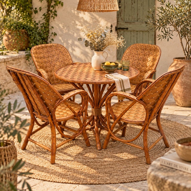 Vintage Woven Rattan Garden Set of Round Table and Armchairs, 1950s, Set of 5 For Sale - Image 14 of 15