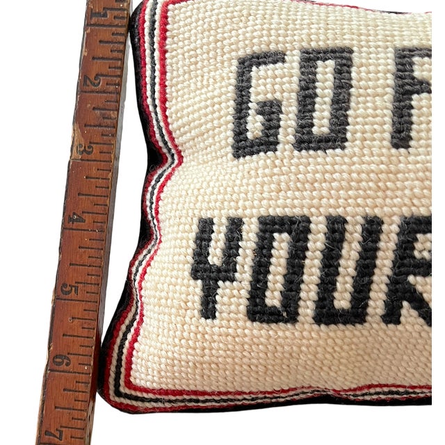 1990s Vintage Needlepoint Lumbar Pillow “Go First Class Your Heirs Will” For Sale - Image 5 of 6