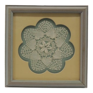 Vintage Blue and Yellow Framed White Doily Textile For Sale
