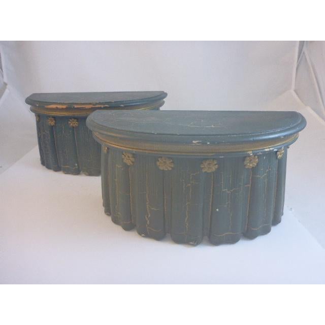 Pair 1980s Traditional Wall Shelf Brackets Painted Green Gold Crackle For Sale In Wichita - Image 6 of 11