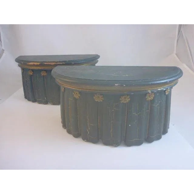 Pair Late 20th Century Transitional Wall Shelf Brackets Painted Green Gold Crackle For Sale In Wichita - Image 6 of 11