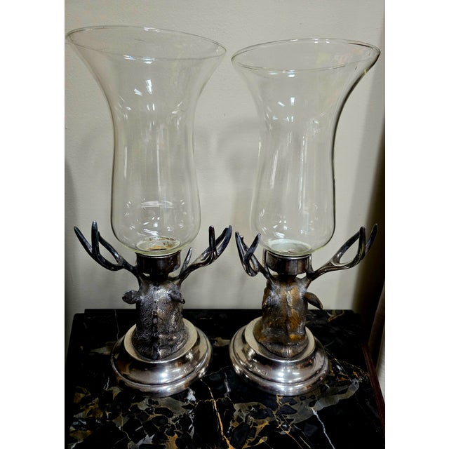 Mid-Century Modern 1950s Pair of Carole Stupell Stag Silverplate Hurricane Lamps For Sale - Image 3 of 13