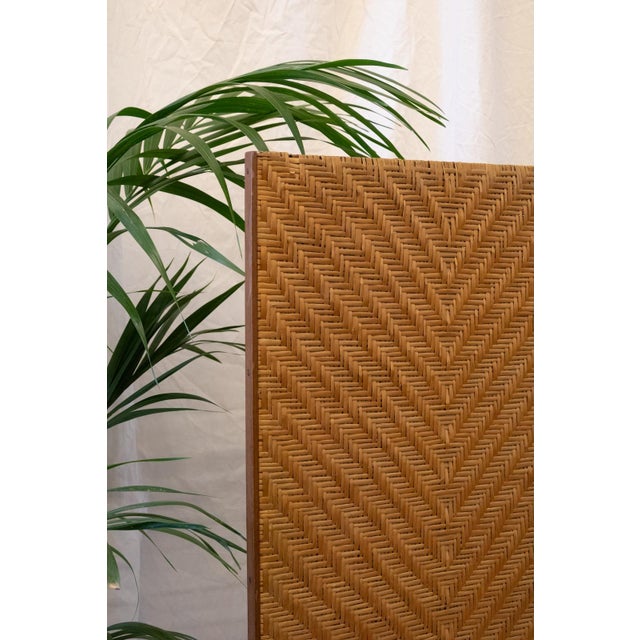 Three-Panel Woven Wicker Screen – 1970s Wooden structure with woven wicker panels. Herringbone wicker weave. In excellent...
