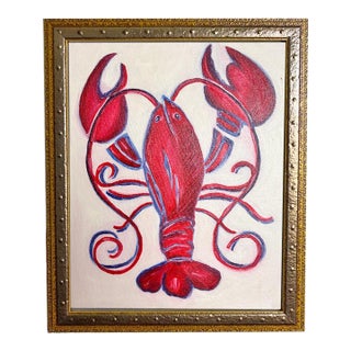 Original Lobster Painting in Ornate Gold Studded Frame, Oil on Canvas, 13" X 16" by Tatiana Duperault For Sale