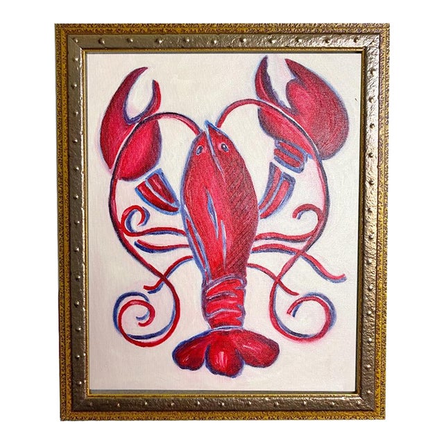 Original Lobster Painting in Ornate Gold Studded Frame, Oil on Canvas, 13" X 16" by Tatiana Duperault For Sale